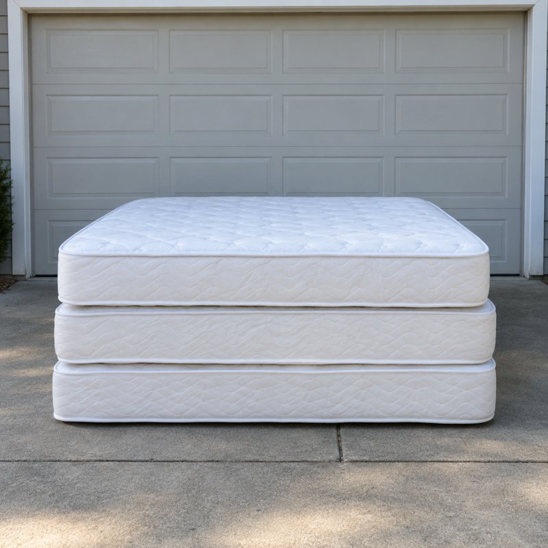 A worker loading a mattress into a dump trailer